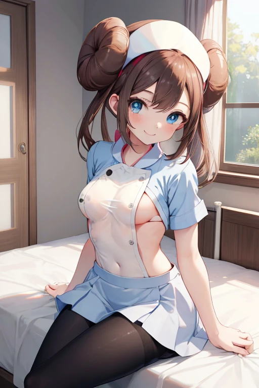 nurse uniform, 14yo, Underboob, Upper breast, Sideboob, shy, Small breasts, masterpiece, highest quality, High resolution, ro1, Hair Bun, Blue eyes, Twin tails, Visor Cap, pantyhose, Ruffled Bra, Black Stockings,