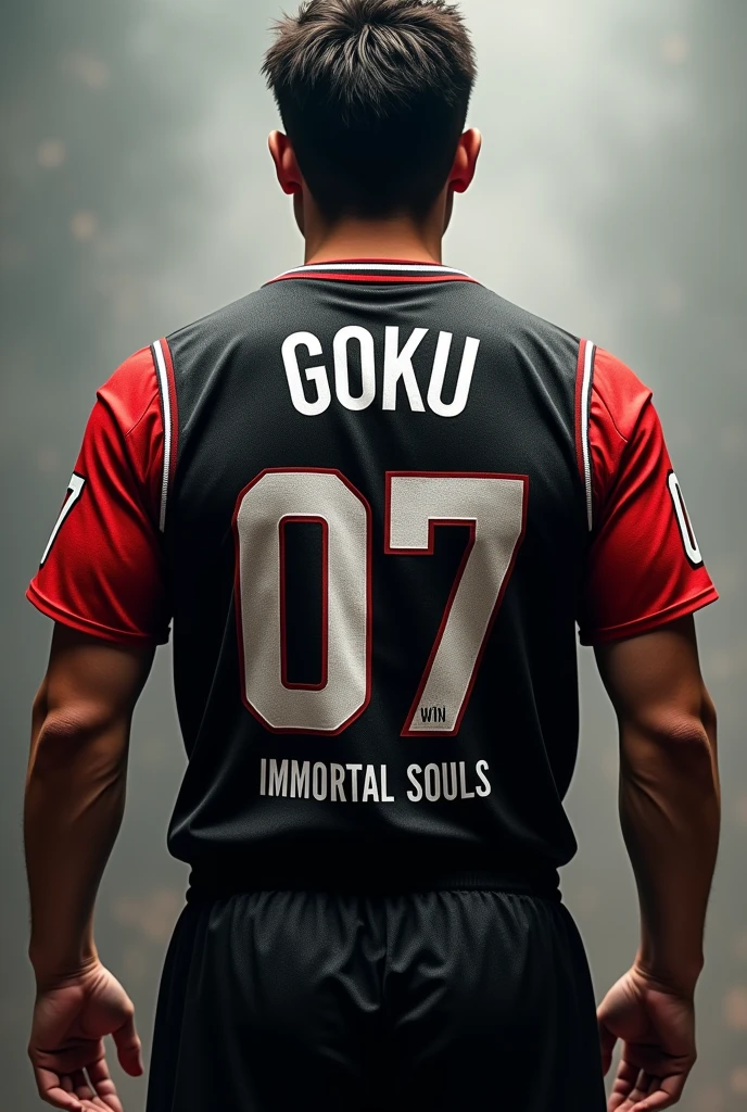 Make a person showing his backside with a jersey coloured with black and sleeves red coloured with a jersey number 07 with the name GOKU in white colour and below the jersey number written in small fonts immortal souls in capital