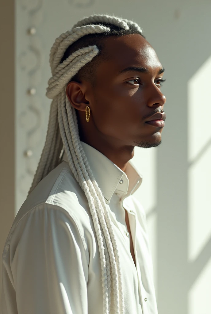 It&#39;s a man. Her hair is styled in long white braids that cascade down her shoulders.. His skin tone is dark and he wears gold earrings that catch the light.. he looks like he&#39;s 2. Masculine and fine features. He's dressed in a white outfit, increasing your ethereal appearance. The background is minimalist, featuring a patterned wall that provides a subtle backdrop to the theme. The young man&#39;s gaze is directed to the side and he has a serious expression on his face..