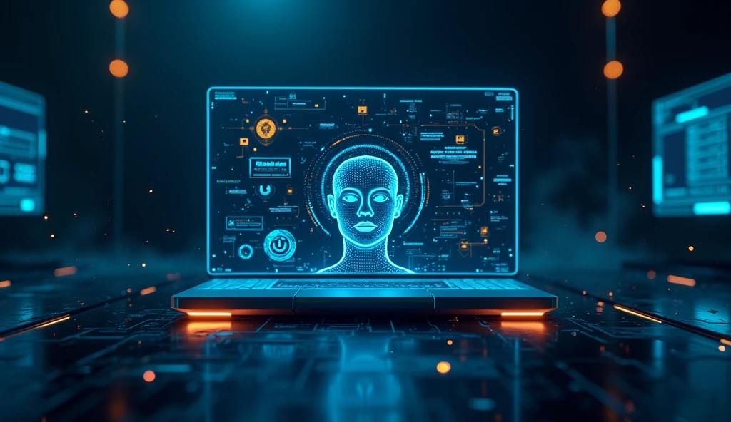 a futuristic digital computer interface, sophisticated ai system, a computer monitor displaying facial recognition, voice playback, dark blue and black background, blue glowing lights representing rapidly passing time, blue electrical sparks, advanced technology, cutting-edge digital technology, high-tech, sleek, minimalist, cinematic, dramatic lighting, moody, atmospheric,a clean, futuristic user interface with minimal clutter, glowing neon accents, holographic displays, subtle ambient lighting, cyberpunk style, 8k, highly detailed, digital art, cinematic lighting, ultrarealistic, masterpiece