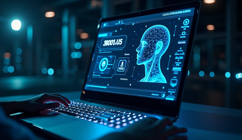 a futuristic digital computer interface, sophisticated ai system, a computer monitor displaying facial recognition, voice playback, dark blue and black background, blue glowing lights representing rapidly passing time, blue electrical sparks, advanced technology, cutting-edge digital technology, high-tech, sleek, minimalist, cinematic, dramatic lighting, moody, atmospheric,a clean, futuristic user interface with minimal clutter, glowing neon accents, holographic displays, subtle ambient lighting, cyberpunk style, 8k, highly detailed, digital art, cinematic lighting, ultrarealistic, masterpiece