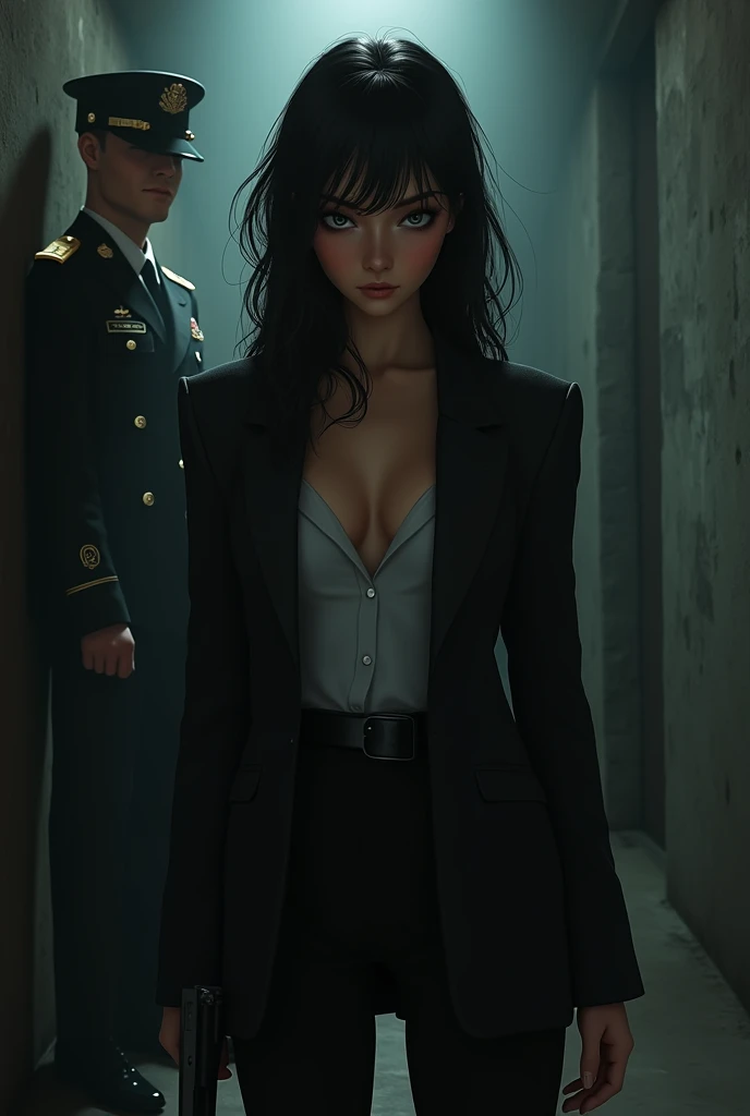 An image with a dark background with a girl with gray eyes, black hair, a slender figure and dressed like a mobster while a man dressed in military clothing watches her from a distance