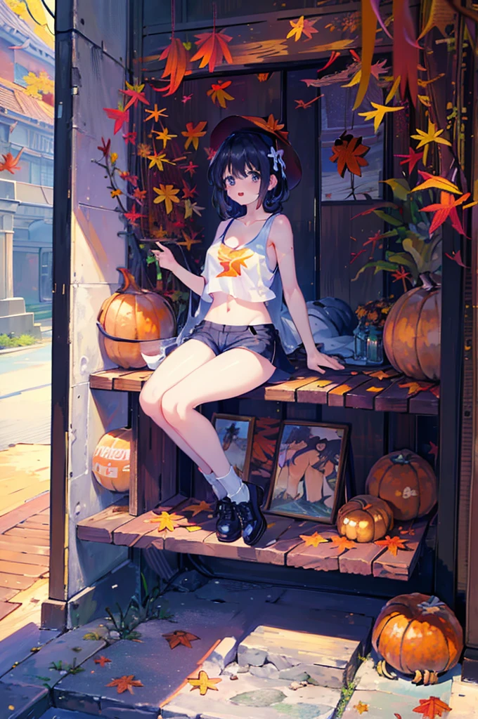 (masterpiece:1.2), Highest quality,Pixiv,Surprised girl,Portraiture,Tank top、1、Immediately after intense sex、Ecstasy、((((Autumn Outfits、Full body portrait))))、Shorts