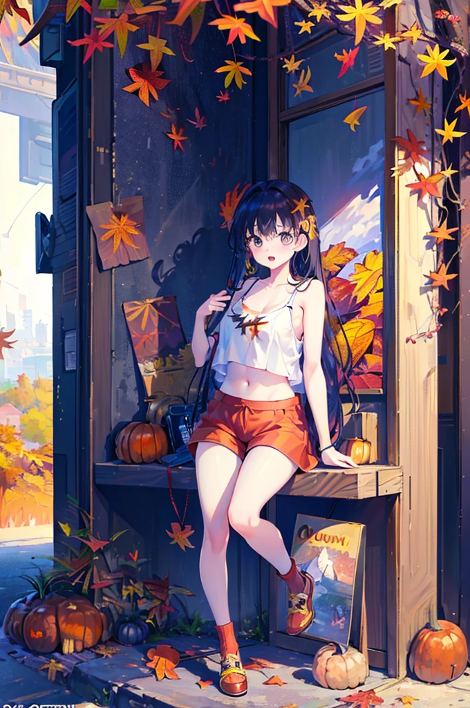 (masterpiece:1.2), Highest quality,Pixiv,Surprised girl,Portraiture,Tank top、1、Immediately after intense sex、Ecstasy、((((Autumn Outfits、Full body portrait))))、Shorts