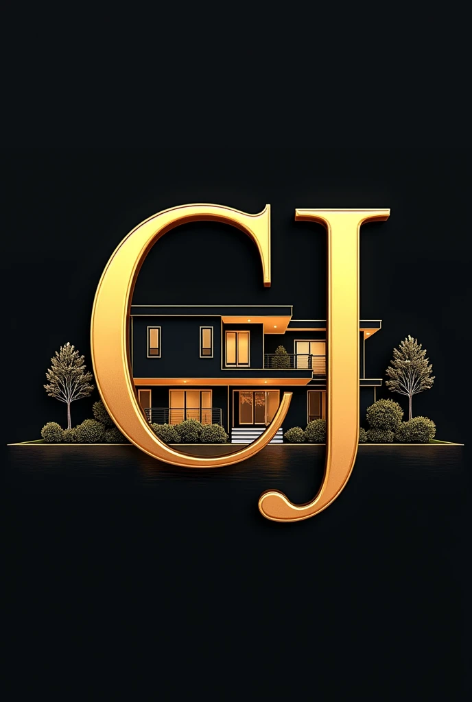 a black and gold artwork with the name CJ ( Real estate agent )with a modern house in the back