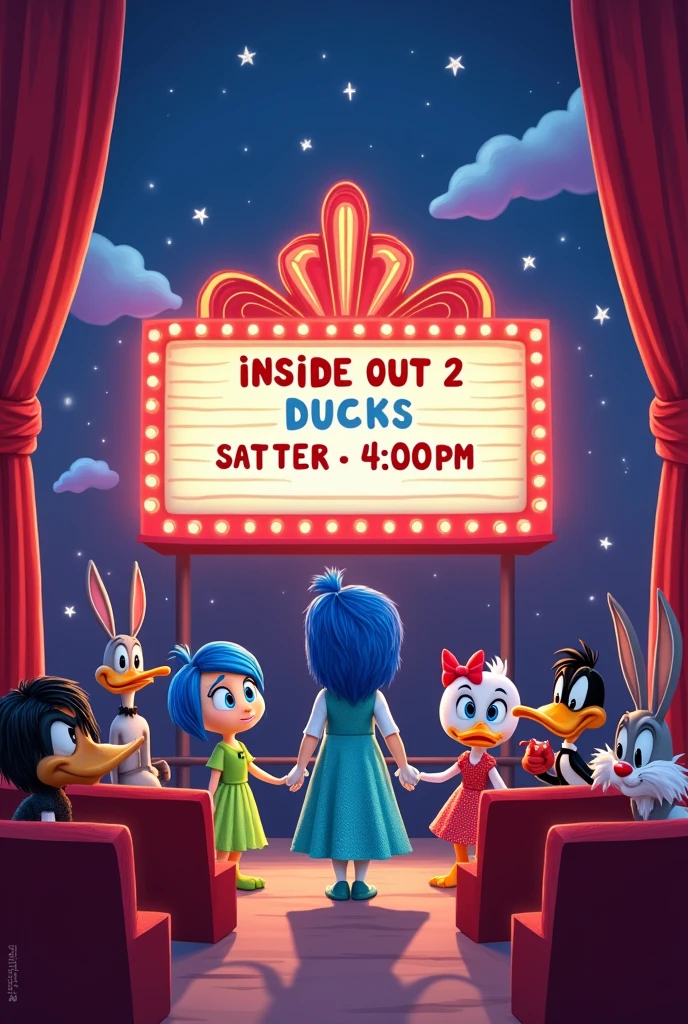 create me an image that contains the movies inside out 2 and ducks! that says Saturday at 4:00 pm