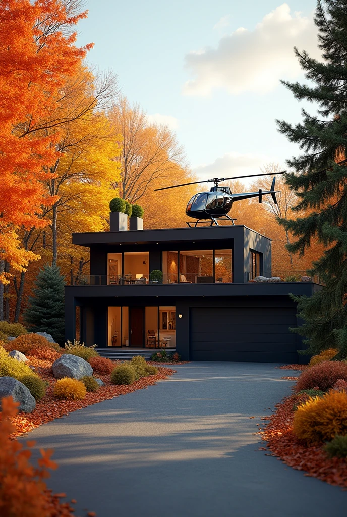 create a realistic image of a maple forest in autumn. in the center there is a modern two-story house. There is a garage for a car attached to the right.. There is an asphalt road adjacent to the house.. There is a helipad on the roof of the house. There is a black Robinson R66 helicopter on the helipad. There is a large tree growing in front of the house, beautiful, green spruce.