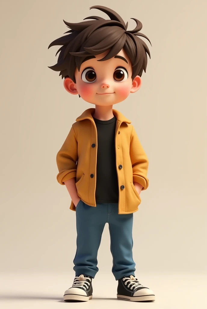 Coffee-haired boy, with skin-colored gabacha, blue pants and black center shirt, with some tennis shoes 