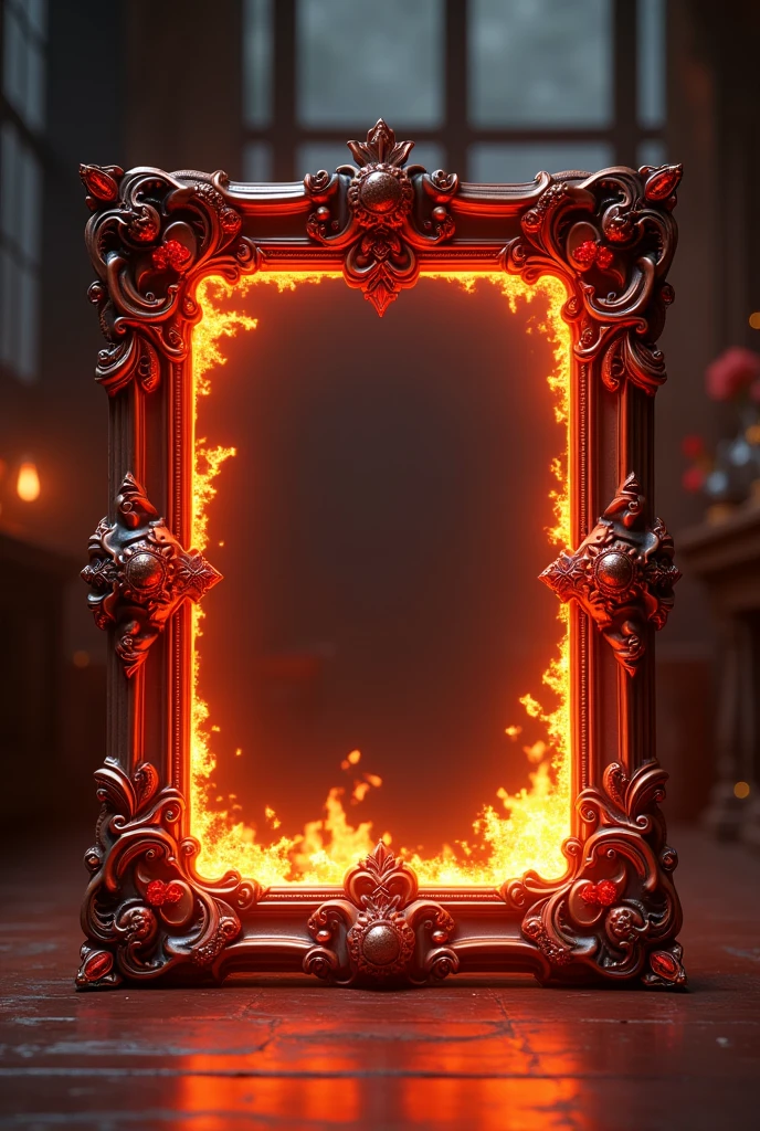 Fire themed frame hyper realistic with games and Ruby decorations