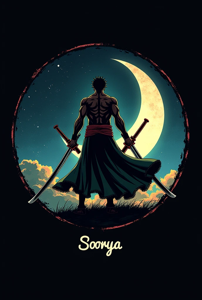 Create logo of Zoro from one piece  in background circle and inside the circle dark sky moon and on the circle write SOORYA