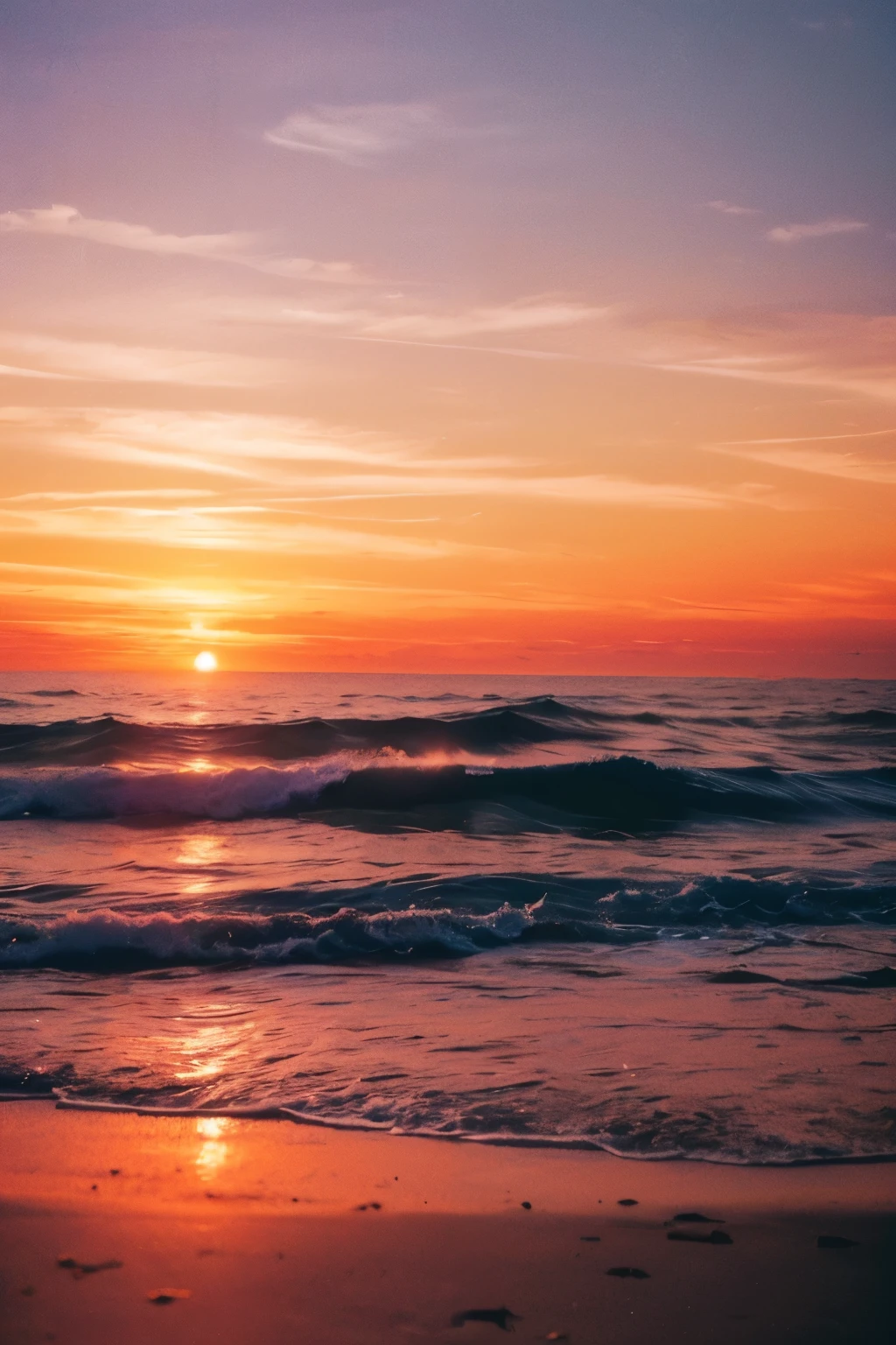 sunset, abandoned beach, 1 dauphin saute hors de l'eau.Grain de Film, Illustration,