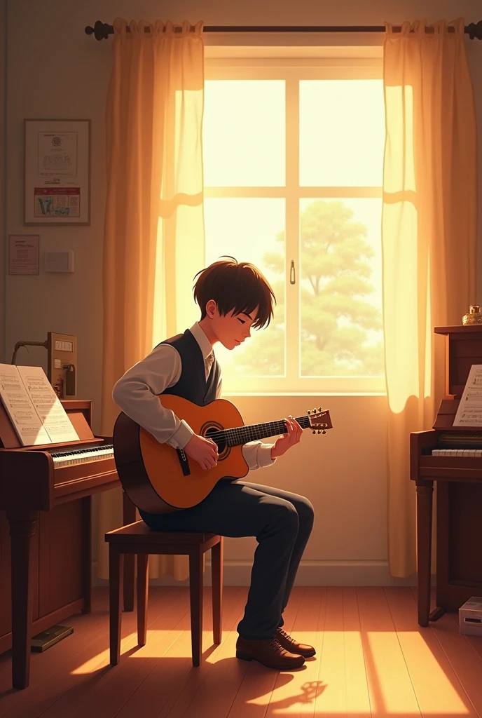 A very handsome boy wearing a Korean school uniform is sitting in the music club room. He is playing the guitar with sunlight streaming in through the window, making the room feel warm and peaceful. A little wider view of the music room. Anime, no piano.