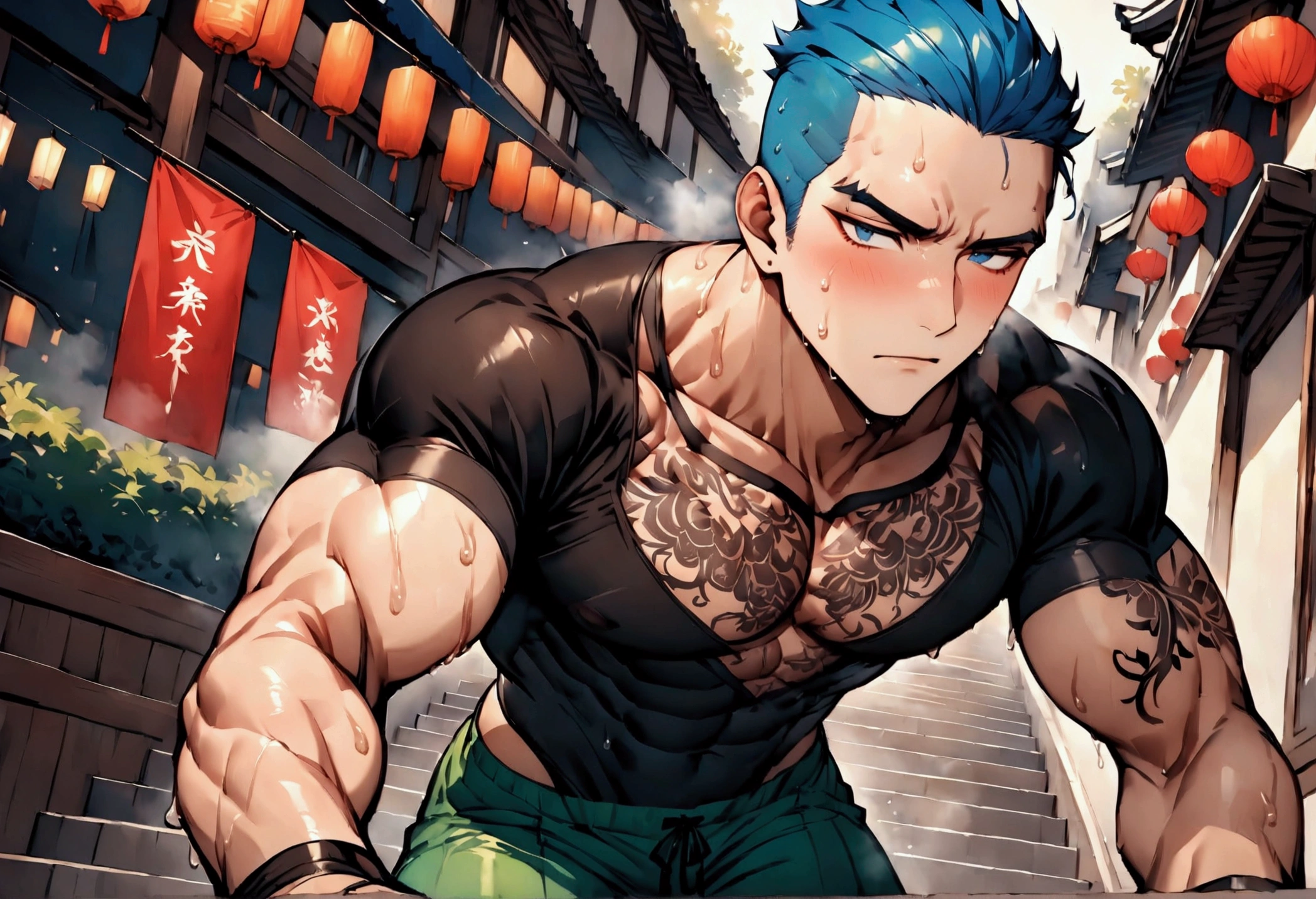 Highest quality、masterpiece、(muscular male:1.2)、(father:0.5)、Shaved head、Blue Hair、(sweat:1.3)、steam、tattoo on chest、tattoo on leg、On the upper half of his body he was wearing a tight fitting black shirt with an open neckline.、The lower half is green shorts、Night Festival、Climbing the stairs、Serious face、pov shot