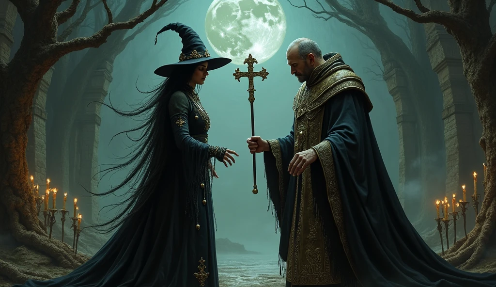A symbolic confrontation between a witch and a priest, with representations of Christian and pagan elements in tension.