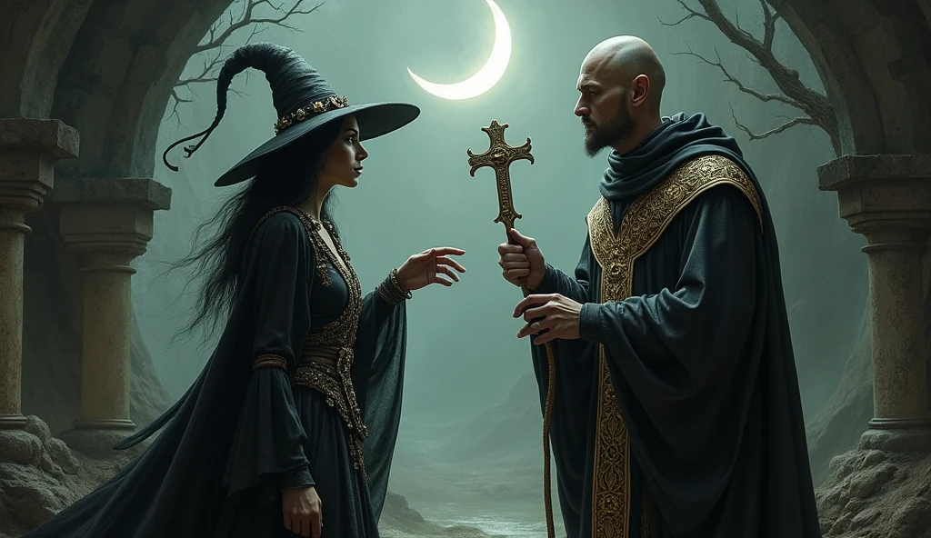 A symbolic confrontation between a witch and a priest, with representations of Christian and pagan elements in tension.