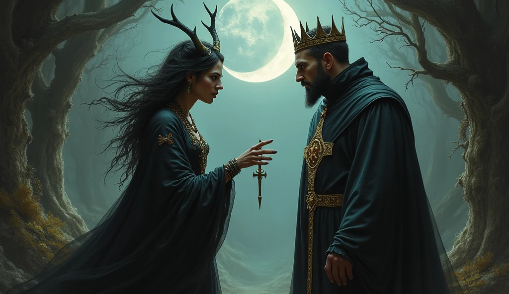 A symbolic confrontation between a witch and a priest, with representations of Christian and pagan elements in tension.
