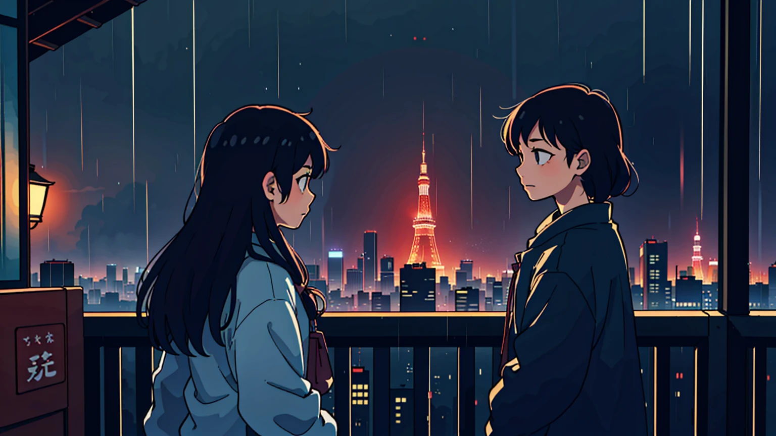 someone standing in the middle of city and there is tokyo tower, rain night, pouring rain, long hair, looking at tokyo tower. night Tokyo, night and rain, and looking out a window at the landscape passing by, Elogio Artstyle, Arte Lofi, lofi aesthetic, Lofi Sensation, Hip Hop Lofi, , Retrato Lofi, lo fi, arte lo-fi, vibe, badass vibes , cores , lofi girl aesthetic