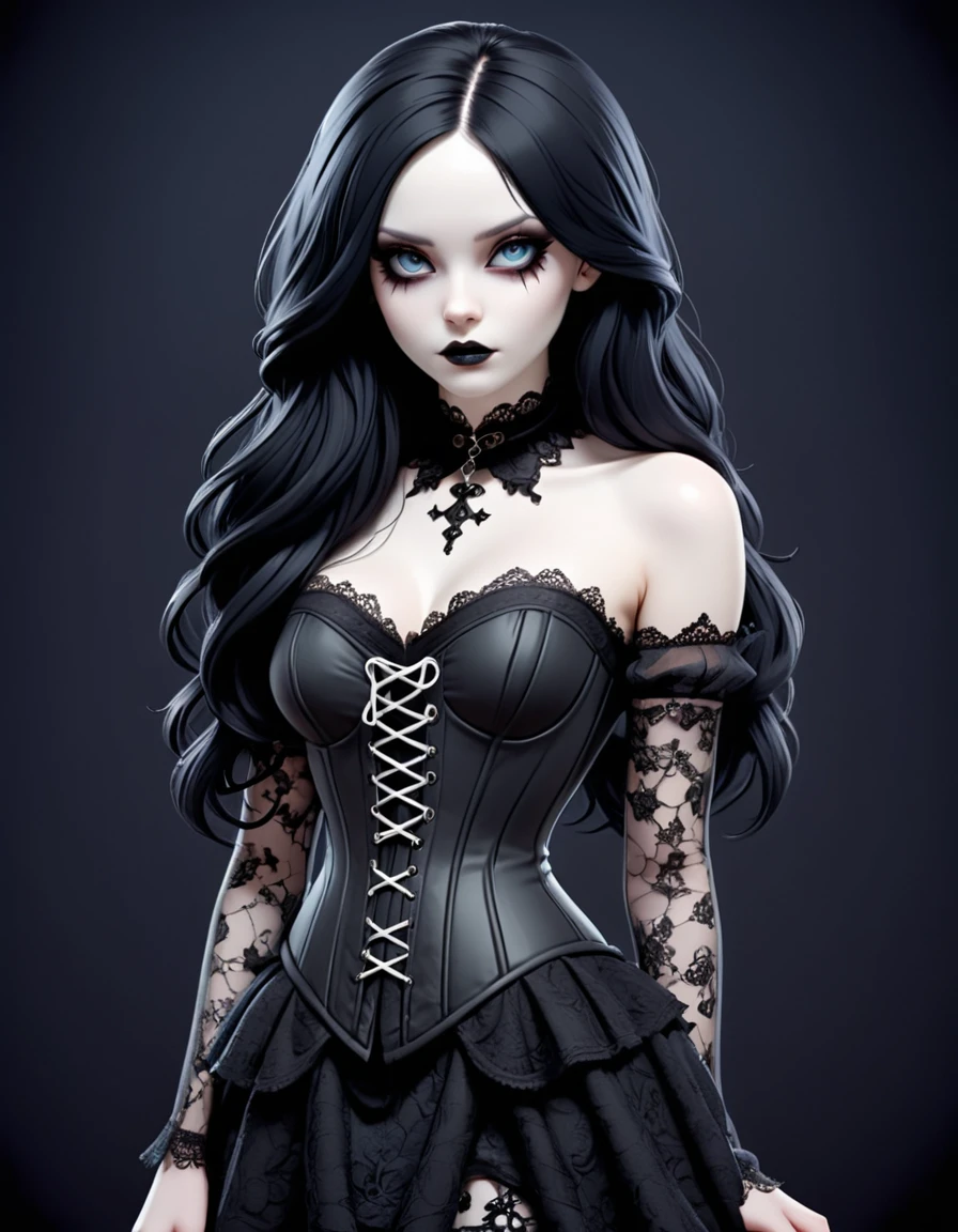 gothic girl, porcelain white skin, long loose black hair, black lace and corset dress. Gothic 3D Frontal Background