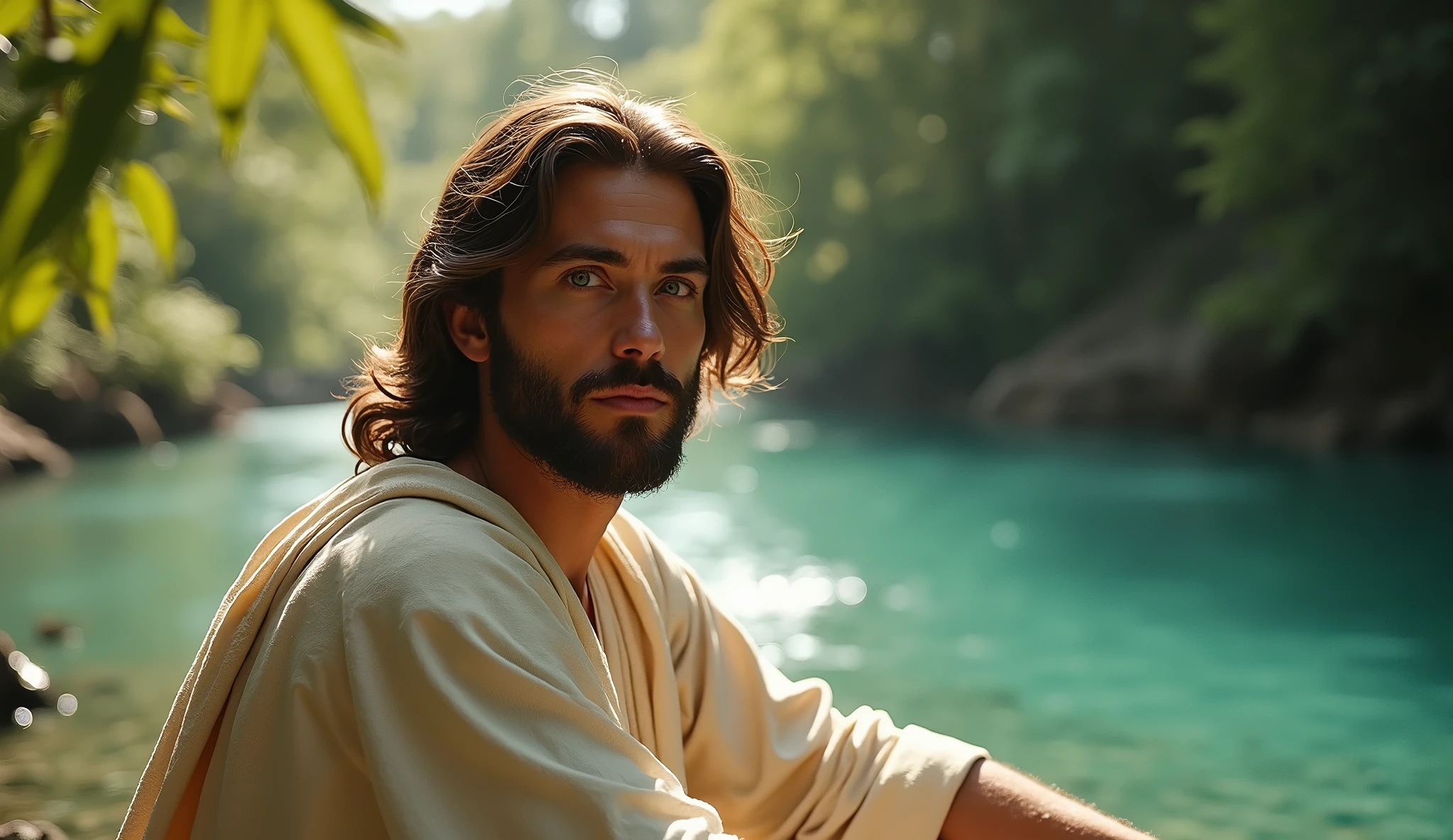 two men seated at a river. Descreva uma imagem de Jesus Christ sitting at a crystal clear blue river in the enchanting garden of Eden with Adam. Adam is in his 20s, short curl light brown 7" hair, green eyes. Jesus is in his mid 30s, light blue eyes, wavy 14" dark brown hair, very handsome, very calm demeanor, illuminated, emanating a divine aura and looking directly into the camera with a penetrating and compassionate gaze. The scene around him radiates a sense of serenity and transcendence, com cores suaves e uma atmosfera celestial. Highlight the details of the expression on your face, the sparkle in your eyes and the sense of peace and grace that your presence radiates in this sacred moment, 32K UHD, Style Raw, Afternoon sun, warm tone, cinematic