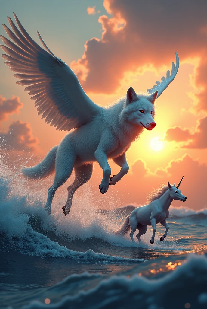 A wolf in the sea flying with the sunset in the background with unicorns and dolphins 