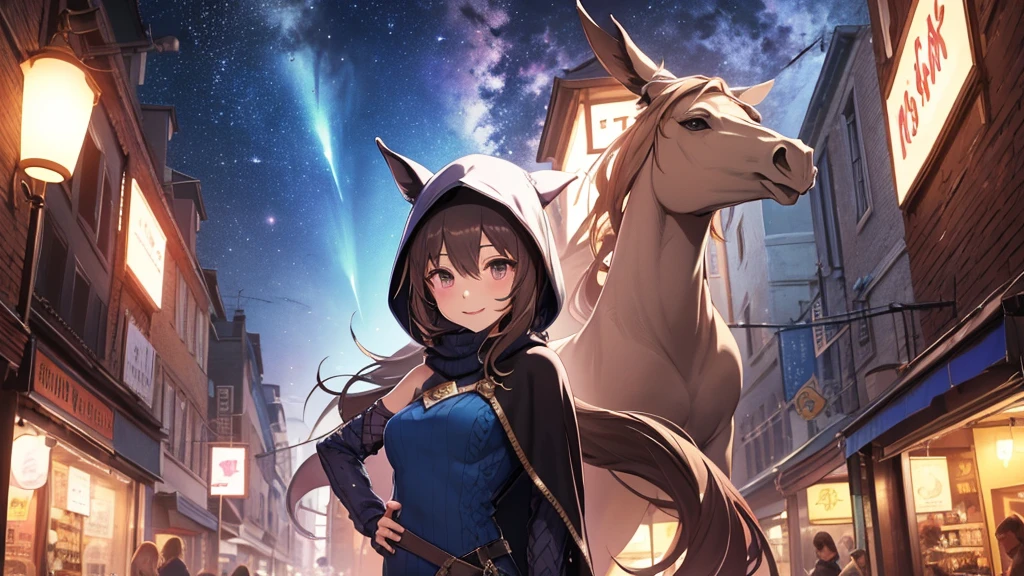 solo、Alone、1Alone。masterpiece, uhd, best quality, highres, 8k、(noline:1.5)、(flat2-dim1:1.5)、shoot from above、upper body shot。Beautiful woman with horse ears、Mature Woman、Big Breasts。Pink Lipstick、Smile。necklace。Light blue dress、sweater、Shoulder less、Attached sleeves、Thick Yarn、Mesh pattern、knitting、Veil、Veil、Scarf cloak、Stall Mantle、Shawl cloak、muffler cloak。Hands on hips。breeze、Starry Sky、cliff