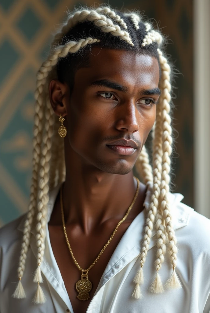 It's a man. Her hair is styled in long white braids that cascade down her shoulders.. His skin tone is dark and he wears gold earrings that catch the light.. he looks like he's 2. Masculine and fine features. He's dressed in a white outfit. The background is minimalist, featuring a patterned wall that provides a subtle backdrop to the theme. The young man's gaze is directed to the side and he has a serious expression on his face.. He's like a Greek demigod.