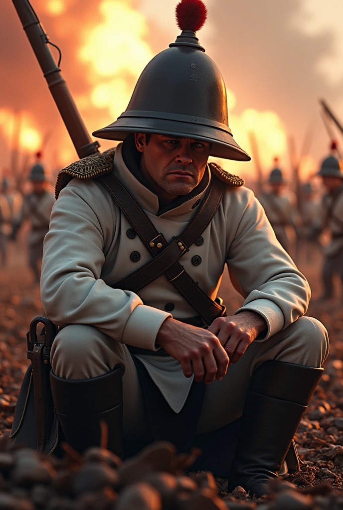 A roblox character in a napoleonic wars wearing white soldier uniform in a 1800s infantry "military Shako headgear", sitting down with his musket rifle, exhausted and tired fighting, realistic fear expression with a very dark forehead shadow in a side face while the background Is total explosive war with roblox character soldier in background
