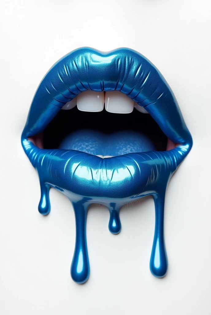 make a giant female closed mouth with shiny metallic blue lips, is melting and dripping, it's just the mouth on a white background, blurred background effect