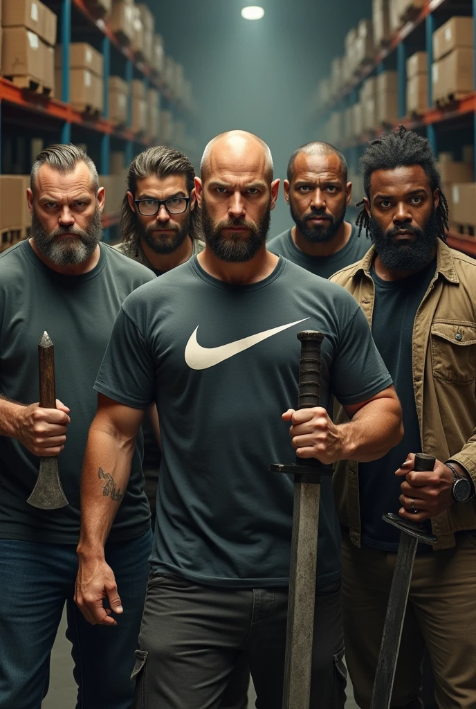 Four white men and one mulatto looking at the camera holding bladed weapons described below for each one ,being 1 bearded bald man with a cleaver, second with glasses beard hair and nike shirt with katana, third a tall bald white man without a beard with a viking body with a guts sword ,the fourth a chubby guy with hair and beard with a fishbone, fifth with strong nudreds hair and with sword, in the background of the image shelves and stock boxes