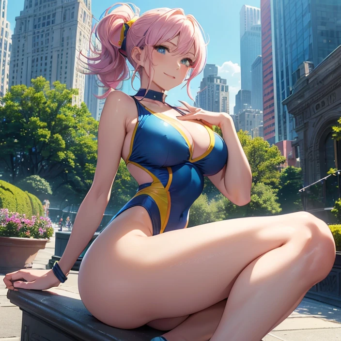 (Masterpiece), (HD), (High Resolution), (Best quality and very detailed), (Perfect Anatomy), (Fantasy Genre), (Anime style), (Highest resolution and Quality), (character alone, solo)
{{(1character:60years old lady milf citizen:(messy hair tied in a medium messed ponytail, fair skin, blue eyes, sweet open smile, happy carefree expression, Big breasts, nice figure, Beauty mature feminity, beautiful arms, beautiful legs, delicated features),((blue yellow and pink one-piece swimsuit), (yellow heeled shoes) yellow ribbon in the hair holding tje messed-ponytail),(gentle posture, sweet cheerful demeanor, feeling clumsy, sweetness and love, showing her butt with erotic movements),(morning at central park, United States city, summer season, central para New York))}}