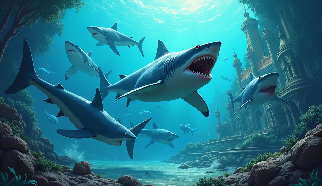 Invasion of sharks in the sea in the children's story of the imaginary kingdom of Atlantis
