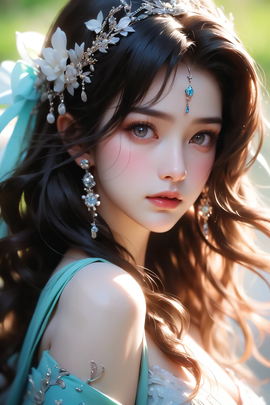 Ladies and bouquets,Portrait close-up,She looked at me with very beautiful and kind eyes,Detailed Schneider pastel ink, soft and fantastic, Fluffy, (Extremely fine and beautiful), (perfect detail)、(pastel color),Soft texture:1.2.(masutepiece, Best quality), (finely detailed beautiful eye),(Dark bright eyes),(finely detailed eyes and detailed face),(Jet-black silky hair),The hue is also noticeably brighter,Pale blurred silhouette,((Beautiful nipples)),(A piercing gaze that kills),Light Brown Hair,Each strand of hair clearly flutters in the wind,East Asian of Korean descent,Bright brown hair,Shoulders exposed skin,