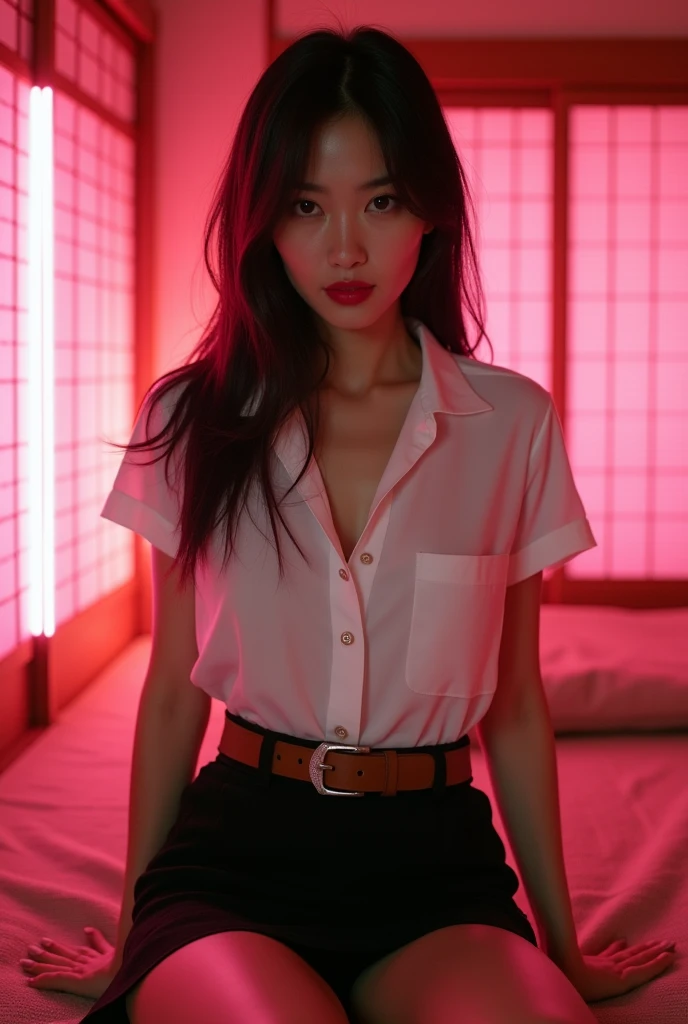 ((Japanese sexy actress))　Mature Woman　((Plump, bright red lips with lipstick))　Big Breasts　Duck mouth　((long black straight, messy hair))　((Looking into the camera))　Sit with your legs apart　((White tight short-sleeve button shirt, and black tight mini skirt))　(silver shirt buttons)  (brown suede belt) (silver modern plain plate belt buckle),　Low-angle shot of a person standing facing forward　look down　((A bedroom with shoji and tatami mats lit up in pink neon lights))　