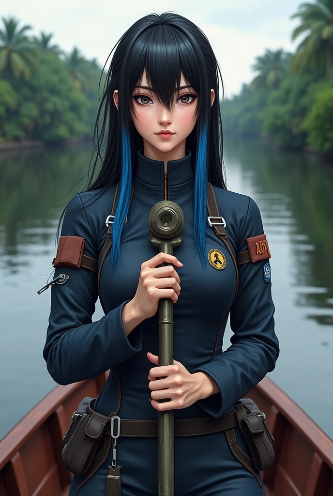 Create an image where you have one black hair and two blue streaks, on a boat, eyes black, she is black river, not amazon, she is a naval engineer. 
without sexualizing. 
drawing style. Make her hold an anchor 