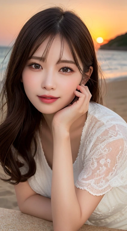 Tabletop, Highest quality, figure, Very detailed, In detail, High resolution, 8k wallpaper, Perfect dynamic composition, Beautiful attention to detail, Wear a dress, Natural color lip,Beach, ランダムでcuteポーズ, Kissing Face,close your eyes,Face Kiss Viewer,Perfect and beautiful face,cute,Sexy Face,Lift your chin,sunset,Ecstatic face,Create a feminine face