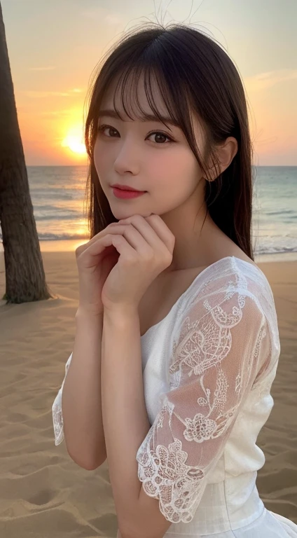 Tabletop, Highest quality, figure, Very detailed, In detail, High resolution, 8k wallpaper, Perfect dynamic composition, Beautiful attention to detail, Wear a dress, Natural color lip,Beach, ランダムでcuteポーズ, Kissing Face,close your eyes,Face Kiss Viewer,Perfect and beautiful face,cute,Sexy Face,Lift your chin,sunset,Ecstatic face,Create a feminine face