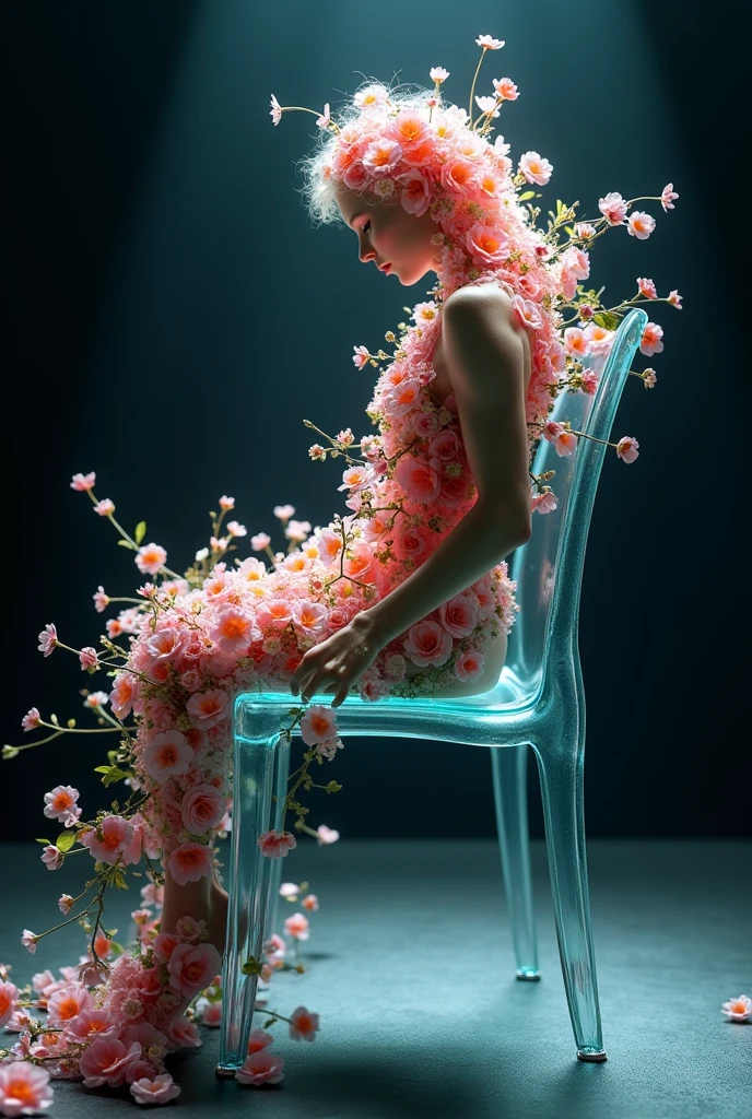 Sitting on a chair with a glass body, 3d render, colorful flowers 4k in her body, dark background.