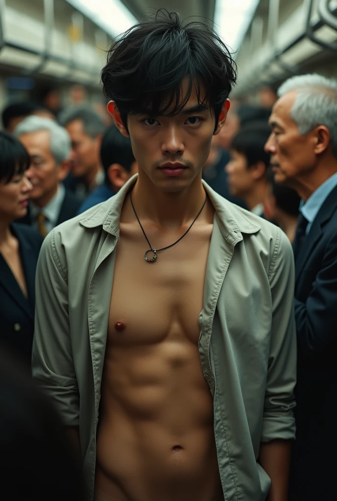 Real photo style、Realistic、Cute handsome man、Idol face、、Japanese、Slim body、Mash Hair、Torn and open shirt、Six-pack、A crowded train、Completely naked、Full nudity、Surrounded by old people and touched all over