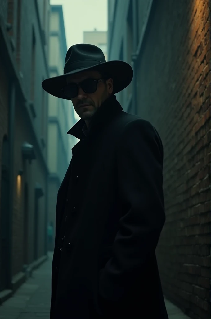 An video 
of a cunning thief, Victor, in a dark alley wearing a disguise, such as a hat and sunglasses. He is looking over his shoulder, planning his next heist.