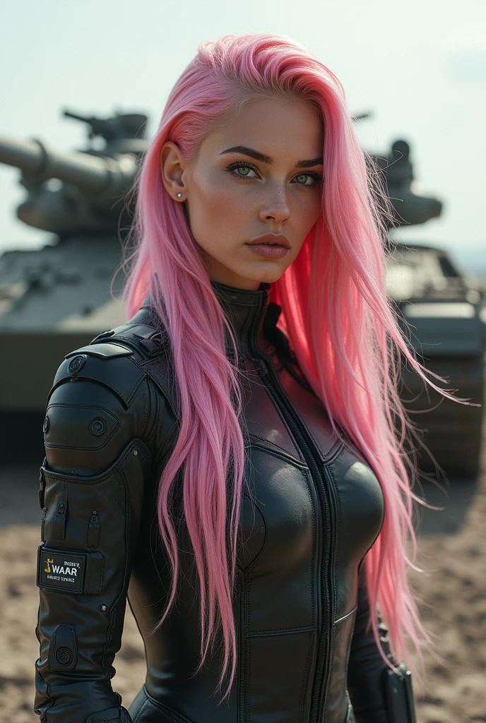 1 very beautiful woman, with exuberant beauty, 30years, long flowing pink hair, cyberpunk style, war tank, wearing a jumpsuit