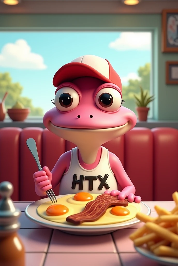 "Create an image of a cartoon-style pink frog character with large eyes, sitting in a retro diner. The frog is wearing a white tank top with the text 'HTX' written on it in bold, visible letters. The frog is also wearing a red and white cap. It is holding a fork and looking at a plate with fried eggs, bacon strips, and French fries. The background should have a cozy diner interior with a window showing a sunny day outside and various condiments on the table