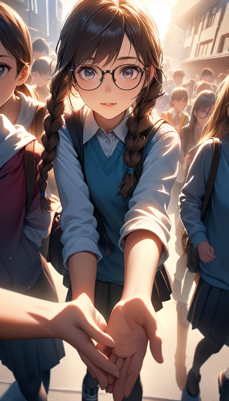 high resolution.Super detailed.Sharp focus.Crisp quality.Bright colors.Rich contrast.Realistic.Cinematic lighting.HDR.Detailed Texture.Realistic.High resolution.Enhanced Details.A female student leaving school is reaching toward us as she turns to hold our hands. Glasses. Long braids.
