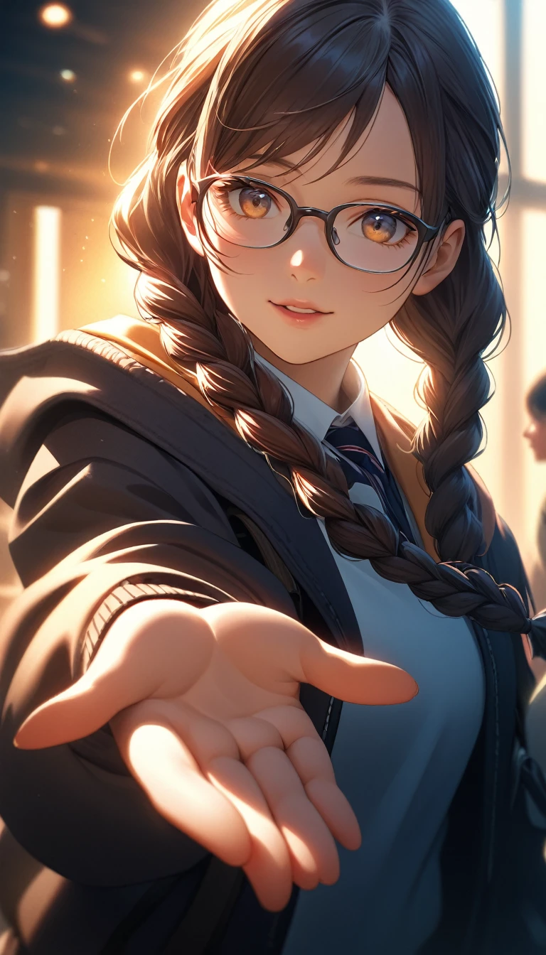 high resolution.Super detailed.Sharp focus.Crisp quality.Bright colors.Rich contrast.Realistic.Cinematic lighting.HDR.Detailed Texture.Realistic.High resolution.Enhanced Details.A female student leaving school is reaching toward us as she turns to hold our hands. Glasses. Long braids.