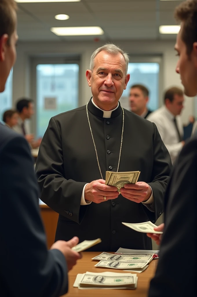 A priest give money back to bank workers