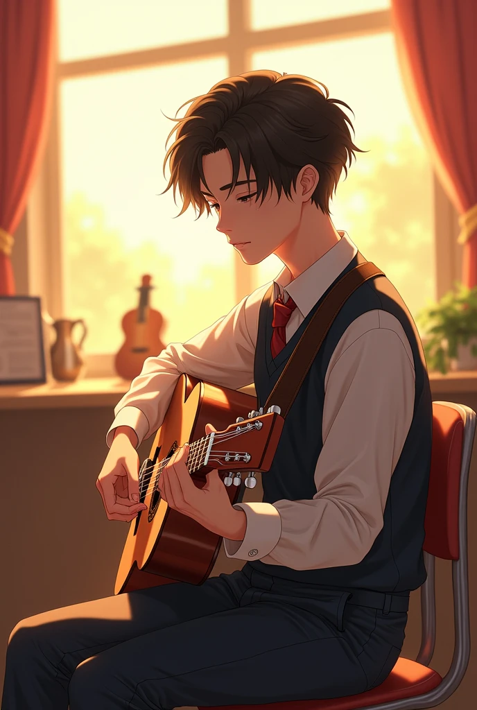 A very handsome boy wearing a Korean school uniform sits in the music club room. He is playing the guitar with sunlight streaming in through the window, making the room feel warm and peaceful. Anime, no piano.