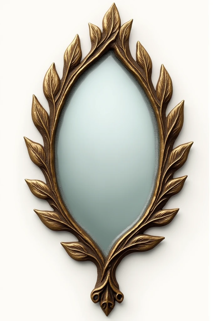 Illustration of a small, antique mirror in the shape of a tree leaf