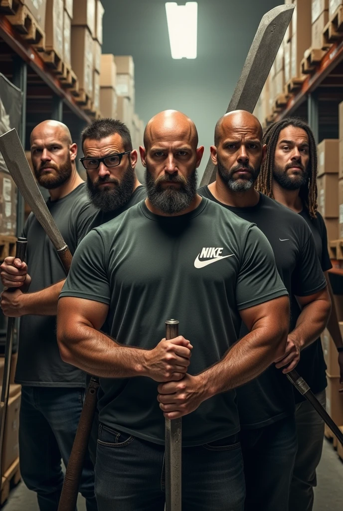 Four white men and one mulatto looking at the camera holding bladed weapons described below for each one ,being 1 bearded bald man with a cleaver, second with glasses beard hair and nike shirt with katana, third a tall bald white man without a beard with a viking body with a guts sword ,the fourth a chubby guy with hair and beard with a fishbone, fifth with strong nudreds hair and with sword, in the background of the image shelves and stock boxes