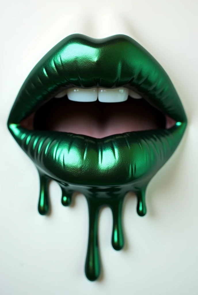 make a giant female closed mouth with shiny metallic dark green lips, is melting and dripping, it's just the mouth on a white background, blurred background effect
