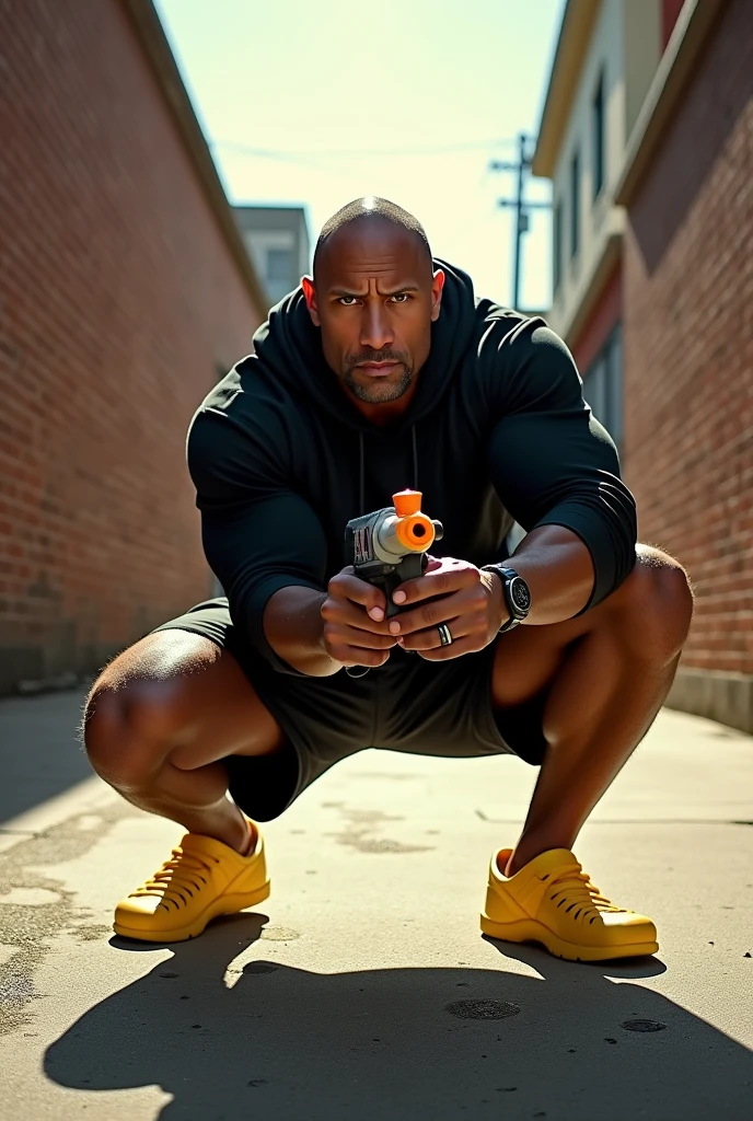 Dwayne Johnson, The Rock, is crouched down with a water gun in his hands, looking intense. He is wearing a black hoodie, black shorts and yellow crocs. He is in an alleyway, with a brick wall on one side and a building on the other. The alleyway is lit by the sun, and there is a shadow of the rock on