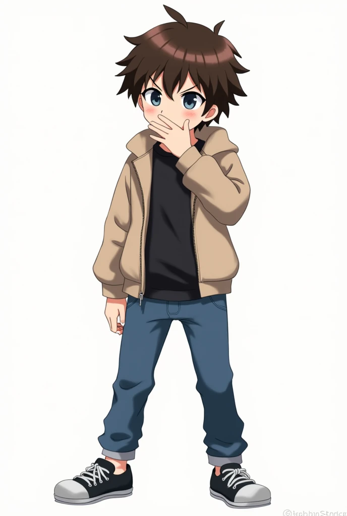 Coffee-haired boy, with skin-colored gabacha, blue pants and black center shirt, with some tennis shoes,covering his mouth with one hand, anime style